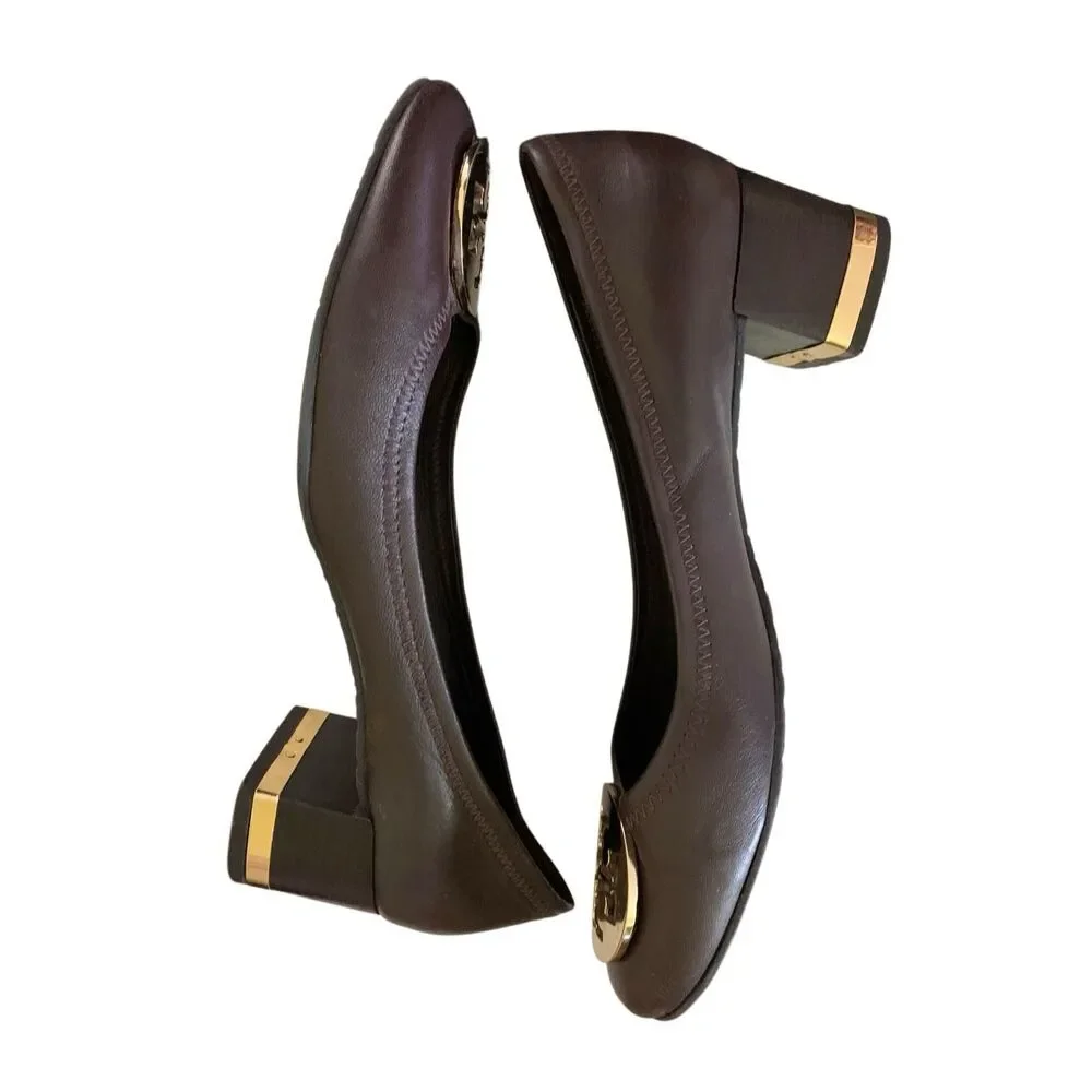 Tory Burch block heel wedges leather brown women's size 9